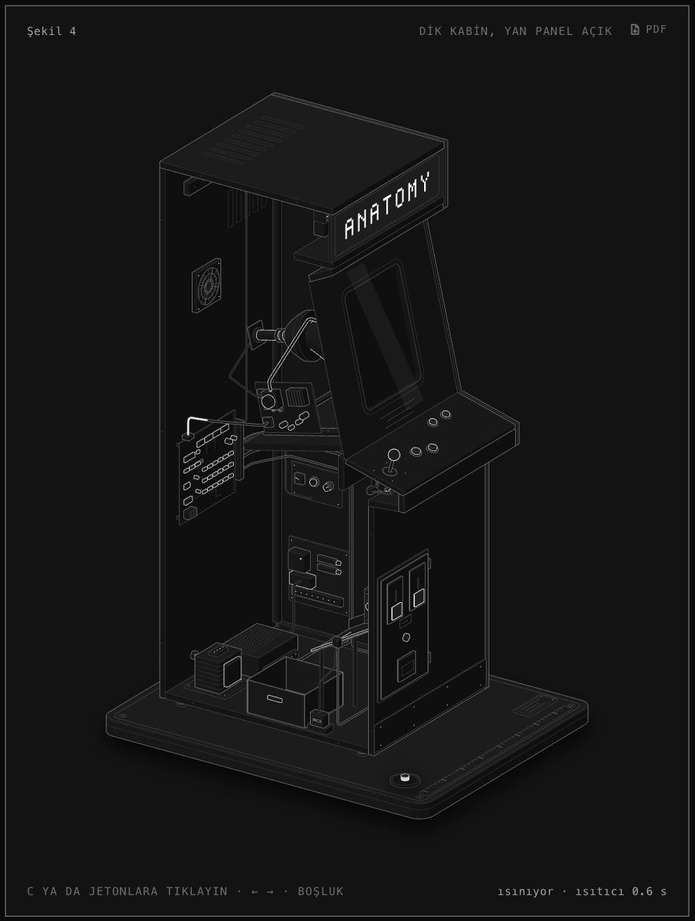 Atari kabini: Yan paneli sökülmüş dik bir kabin. Bir çeyreklik kanaldan yuvarlanır ve makineyi uyandırır.