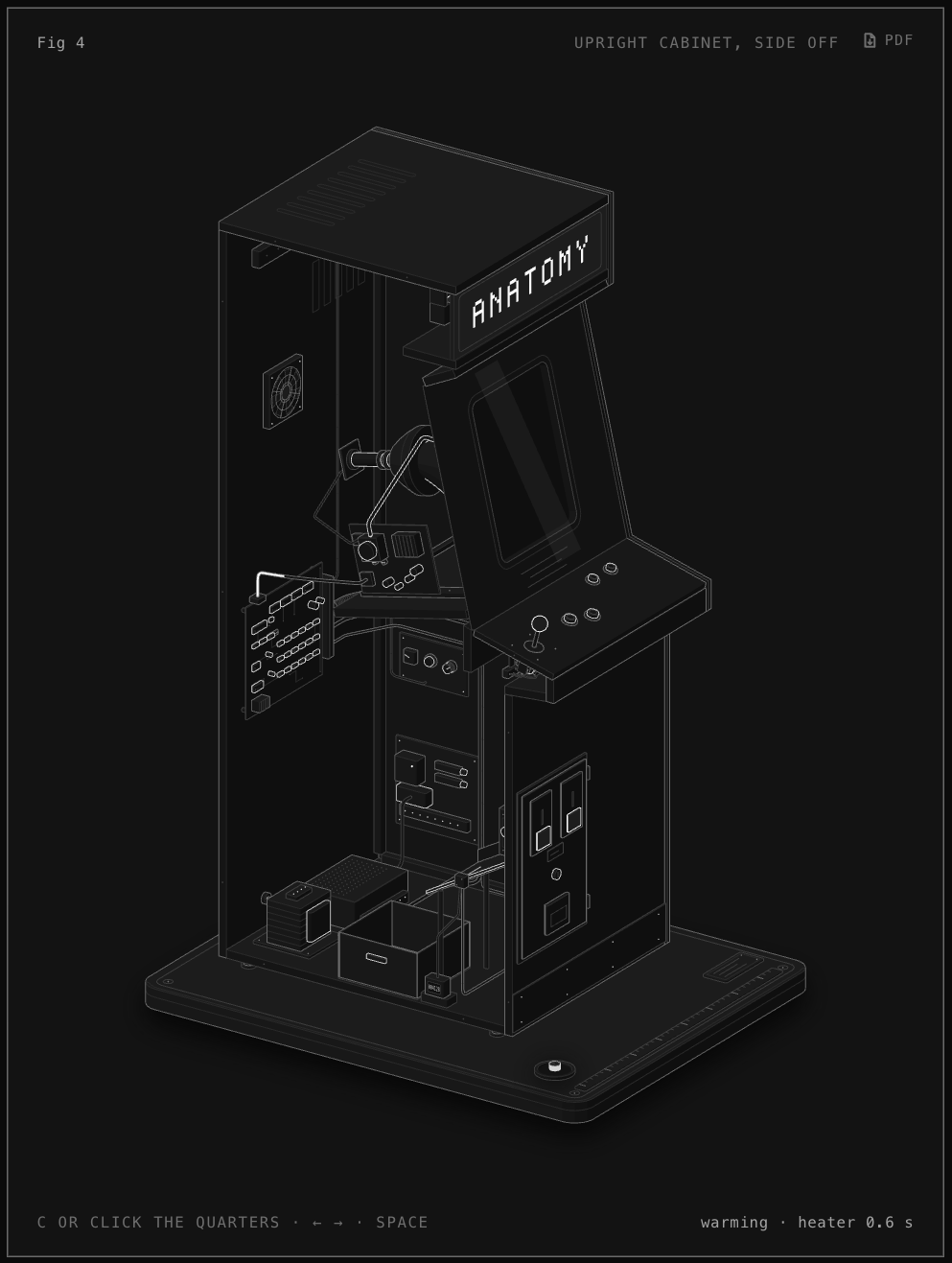 Arcade cabinet: An upright cabinet with its side panel off. A quarter rolls down the chute and wakes the machine.