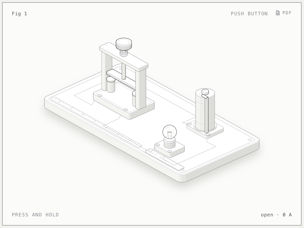 Push button: A push button in a loop with a 1.5 V cell and a bulb. Press it to close the circuit.
