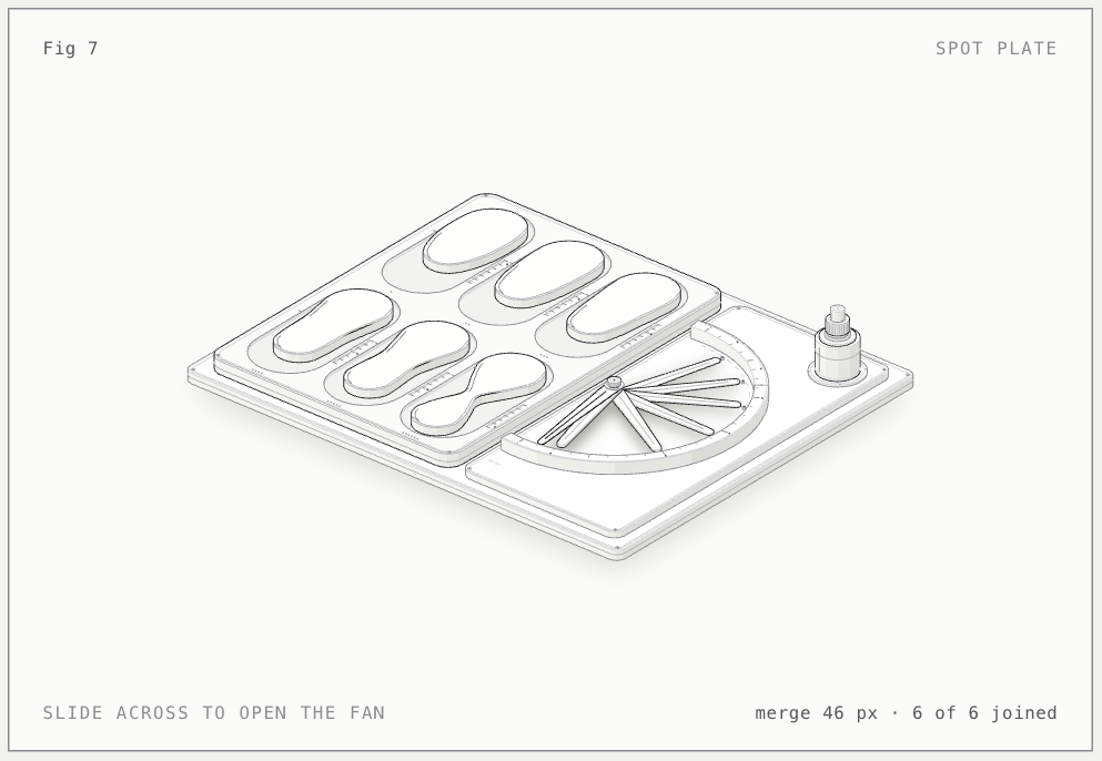 Spot plate: Six pairs of glass drops on a spot plate; a pair closer than merge runs together into one piece of glass.