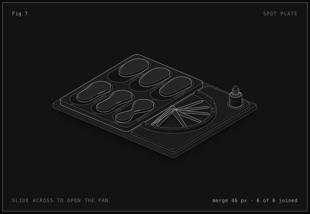 Spot plate: Six pairs of glass drops on a spot plate; a pair closer than merge runs together into one piece of glass.